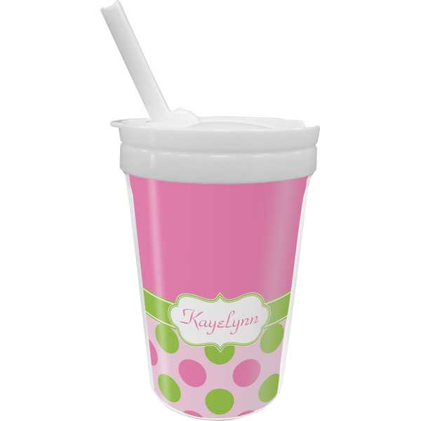 Custom Pink & Green Dots Sippy Cup with Straw (Personalized)