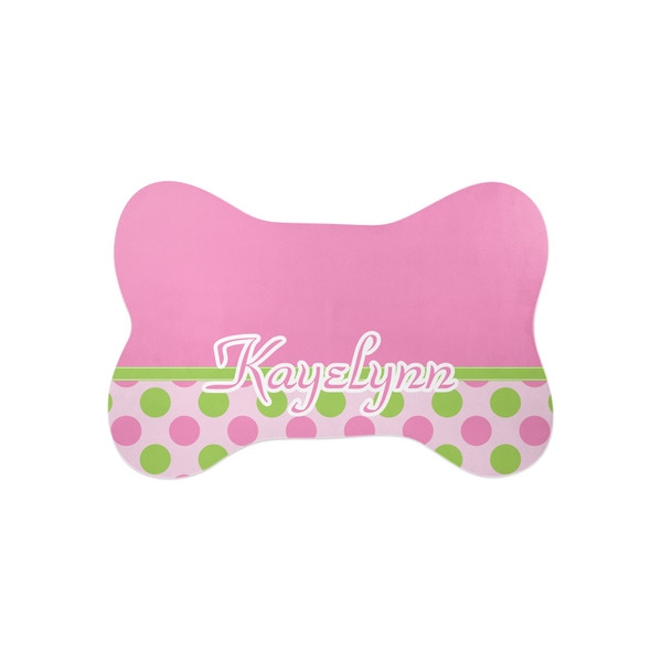 Custom Pink & Green Dots Bone Shaped Dog Food Mat (Small) (Personalized)