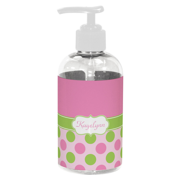 Custom Pink & Green Dots Plastic Soap / Lotion Dispenser (8 oz - Small - White) (Personalized)
