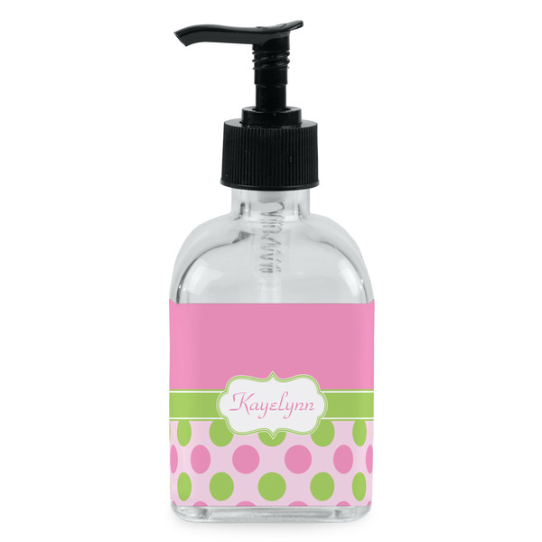 Custom Pink & Green Dots Glass Soap & Lotion Bottle - Single Bottle (Personalized)