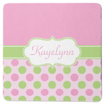 Pink & Green Dots Square Rubber Backed Coaster (Personalized)