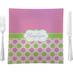 Pink & Green Dots 9.5" Glass Square Lunch / Dinner Plate- Single or Set of 4 (Personalized)
