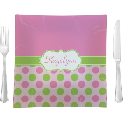 Pink & Green Dots 9.5" Glass Square Lunch / Dinner Plate- Single or Set of 4 (Personalized)