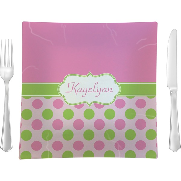 Custom Pink & Green Dots 9.5" Glass Square Lunch / Dinner Plate- Single or Set of 4 (Personalized)
