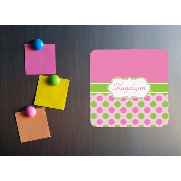 Pink & Green Dots Square Fridge Magnet - LIFESTYLE