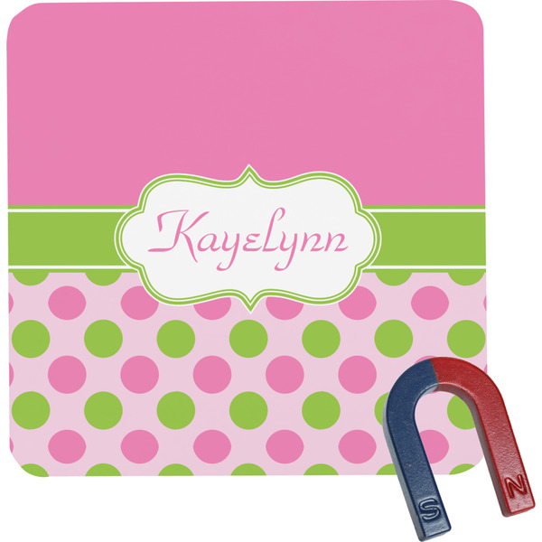 Custom Pink & Green Dots Square Fridge Magnet w/ Name or Text
