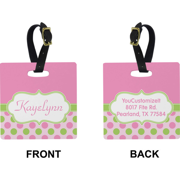 Pink & Green Dots Square Luggage Tag (Front + Back)