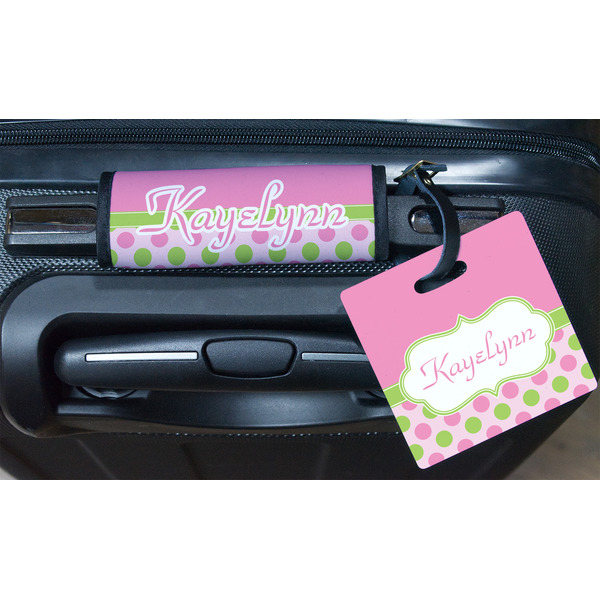 Pink & Green Dots Square Luggage Tag & Handle Wrap - In Context