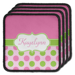Pink & Green Dots Iron On Square Patches - Set of 4 w/ Name or Text