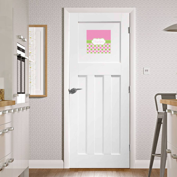 Pink & Green Dots Square Wall Decal on Door