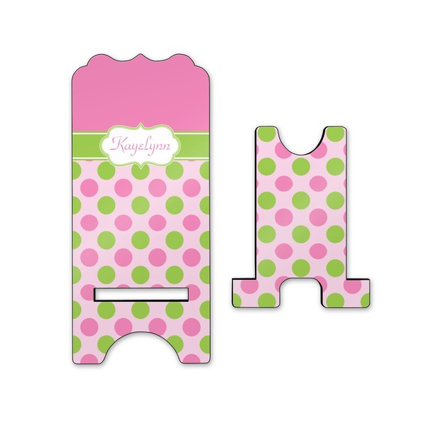 Pink & Green Dots Stylized Phone Stand - Front & Back - Small