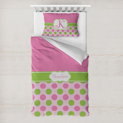 Pink & Green Dots Toddler Bedding w/ Name or Text