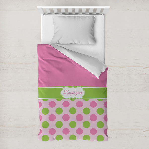 Custom Pink & Green Dots Toddler Duvet Cover w/ Name or Text