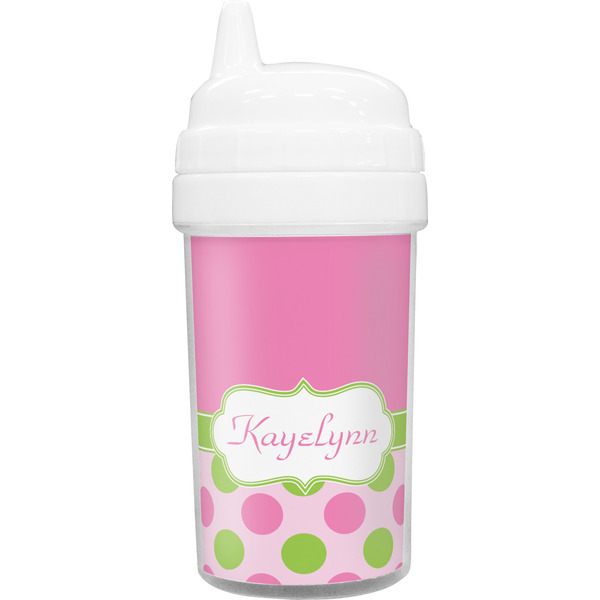 Custom Pink & Green Dots Toddler Sippy Cup (Personalized)