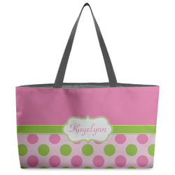 Pink & Green Dots Beach Totes Bag - w/ Black Handles (Personalized)