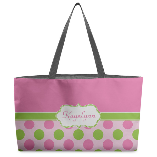 Custom Pink & Green Dots Beach Totes Bag - w/ Black Handles (Personalized)