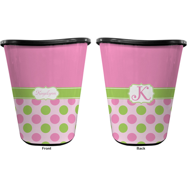 Pink & Green Dots Trash Can Black - Front and Back - Apvl