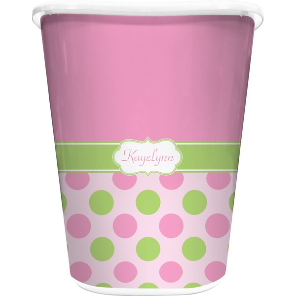 Custom Pink & Green Dots Waste Basket - Single Sided (White) (Personalized)