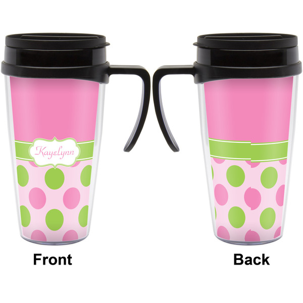 Pink & Green Dots Travel Mug with Black Handle - Approval