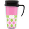 Pink & Green Dots Travel Mug with Black Handle - Front