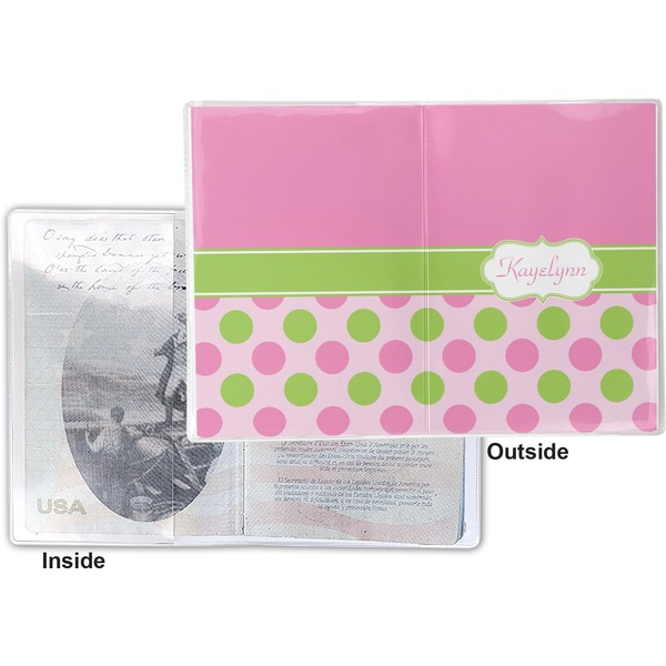Pink & Green Dots Vinyl Passport Holder - Flat Front and Back