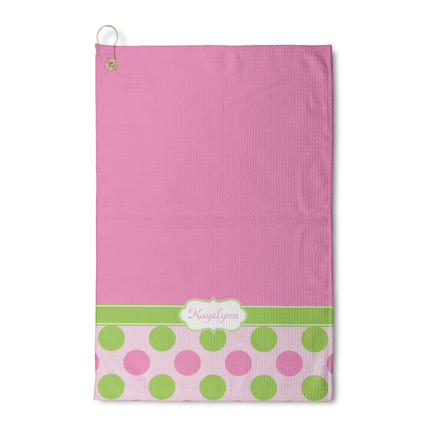 Custom Pink & Green Dots Waffle Weave Golf Towel (Personalized)
