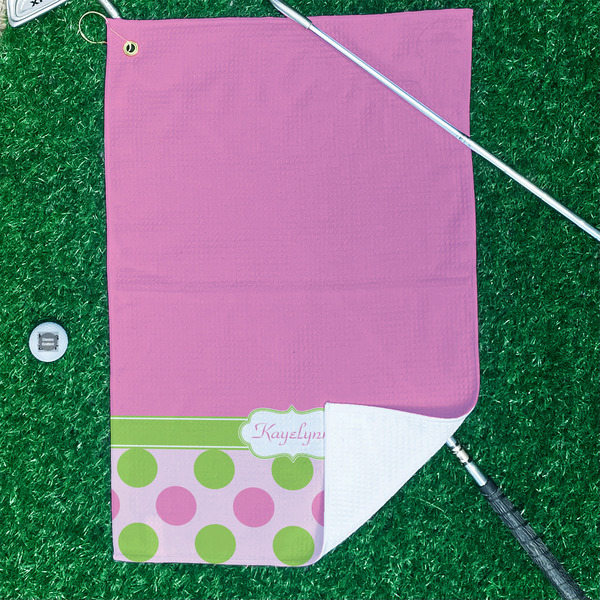 Pink & Green Dots Waffle Weave Golf Towel - In Context