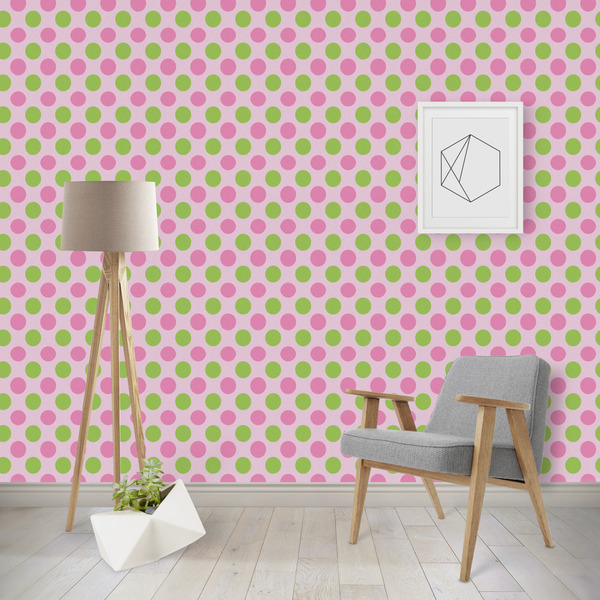 Custom Pink & Green Dots Wallpaper & Surface Covering (Water Activated - Removable)