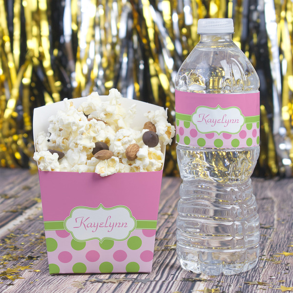 Pink & Green Dots Water Bottle Label - w/ Favor Box