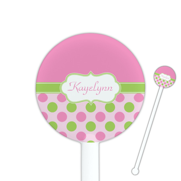 Custom Pink & Green Dots 5.5" Round Plastic Stir Sticks - White - Double Sided (Personalized)