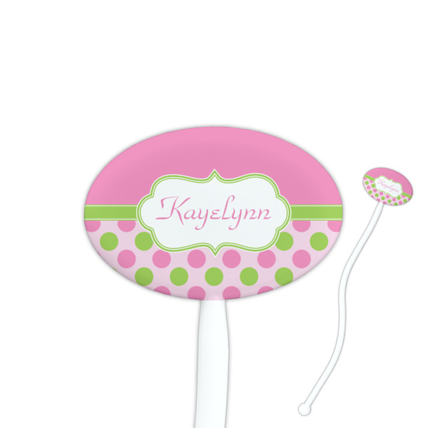 Custom Pink & Green Dots 7" Oval Plastic Stir Sticks - White - Double Sided (Personalized)