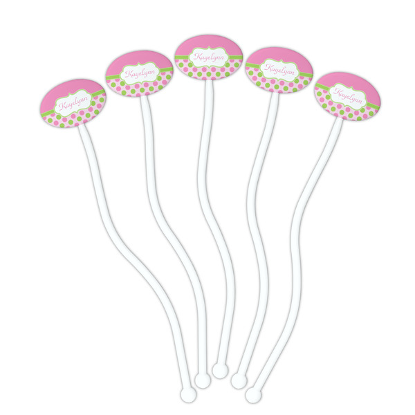 Pink & Green Dots White Plastic 7" Stir Stick - Oval - Fan