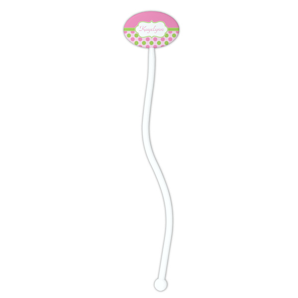 Pink & Green Dots White Plastic 7" Stir Stick - Oval - Single Stick