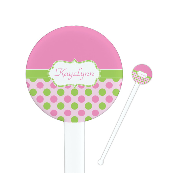 Custom Pink & Green Dots 7" Round Plastic Stir Sticks - White - Double Sided (Personalized)