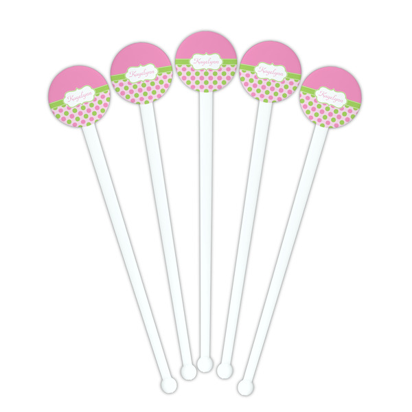 Pink & Green Dots White Plastic 7" Stir Stick - Round - Fan View