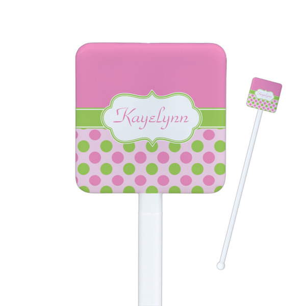 Custom Pink & Green Dots Square Plastic Stir Sticks - Double Sided (Personalized)