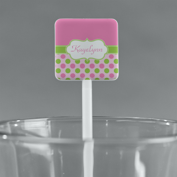 Pink & Green Dots White Plastic Stir Stick - Square - Main