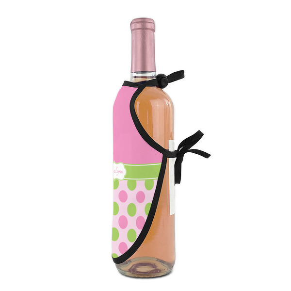 Pink & Green Dots Wine Bottle Apron - DETAIL WITH CLIP ON NECK