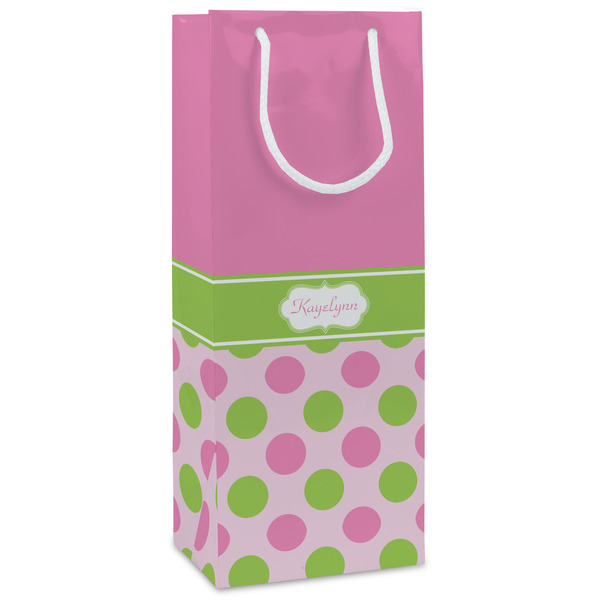 Custom Pink & Green Dots Wine Gift Bags - Gloss (Personalized)