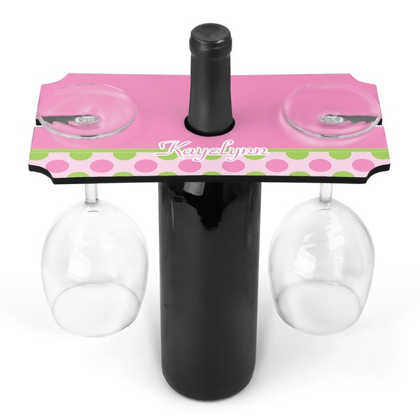 Custom Pink & Green Dots Wine Bottle & Glass Holder (Personalized)