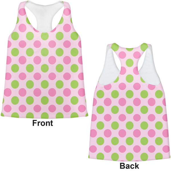 Pink & Green Dots Womens Racerback Tank Tops - Medium - Front and Back