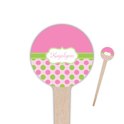 Pink & Green Dots 4" Round Wooden Food Picks - Double Sided (Personalized)