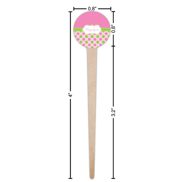 Pink & Green Dots Wooden 4" Food Pick - Round - Dimensions