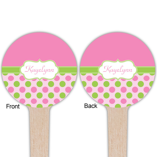 Pink & Green Dots Wooden 4" Food Pick - Round - Double Sided - Front & Back