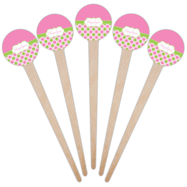 Pink & Green Dots Wooden 4" Food Pick - Round - Fan View