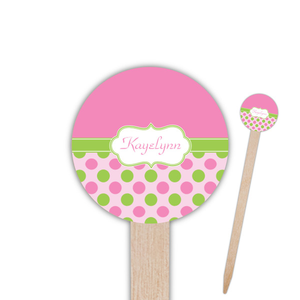 Custom Pink & Green Dots 6" Round Wooden Food Picks - Single Sided (Personalized)