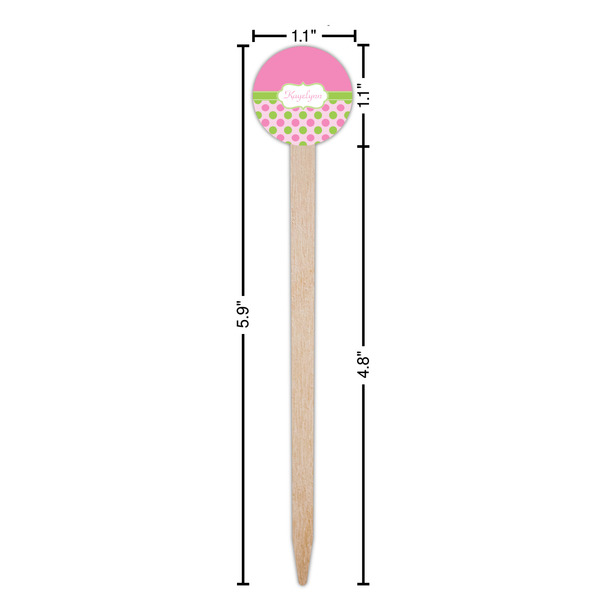 Pink & Green Dots Wooden 6" Food Pick - Round - Dimensions