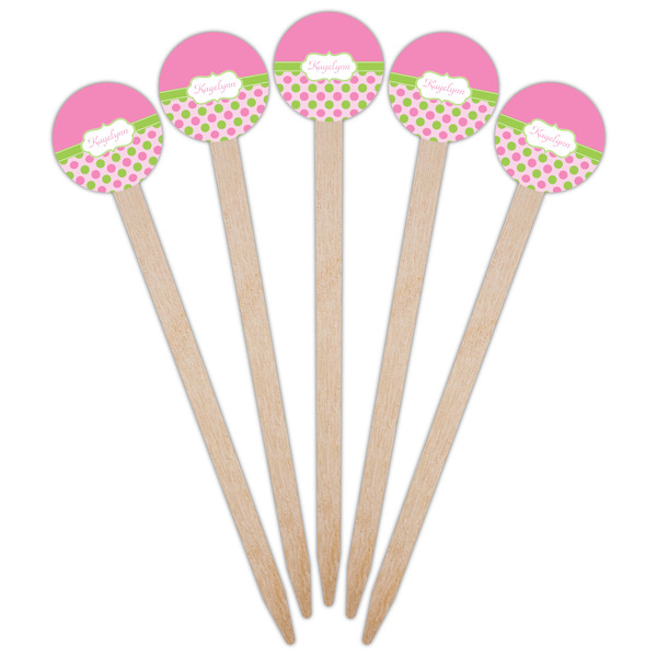 Pink & Green Dots Wooden 6" Food Pick - Round - Fan View