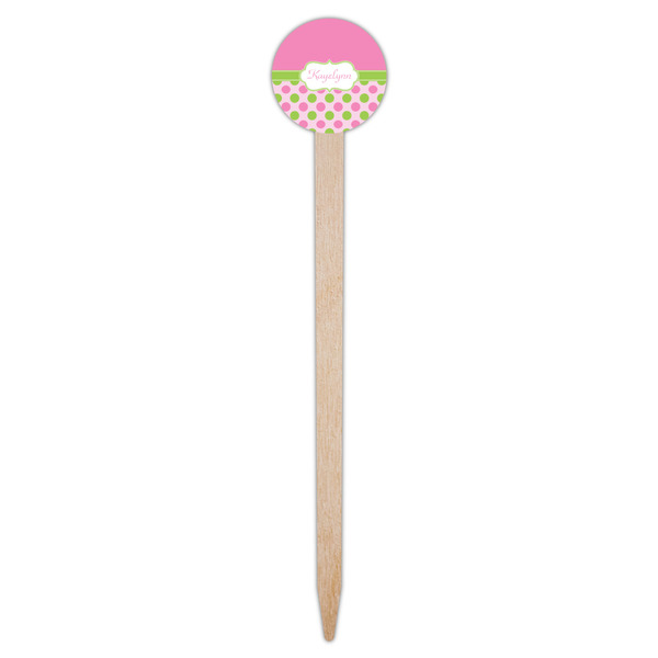Pink & Green Dots Wooden 6" Food Pick - Round - Single Pick