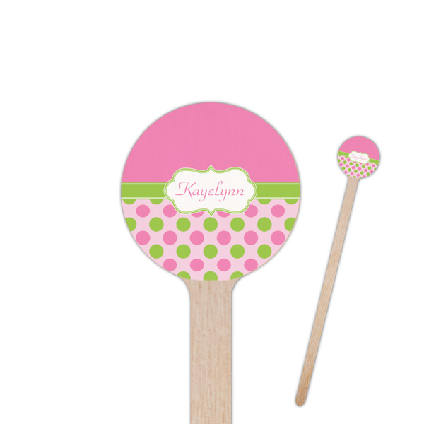 Custom Pink & Green Dots 6" Round Wooden Stir Sticks - Single Sided (Personalized)